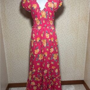 Betsey Johnson Vintage Red Floral Tiered Maxi Dress Puff Sleeve Size L